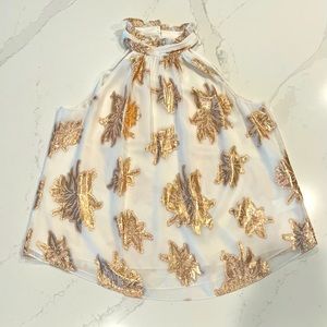 Express White Sheer Tank Top with Gold Sequin Floral Accents